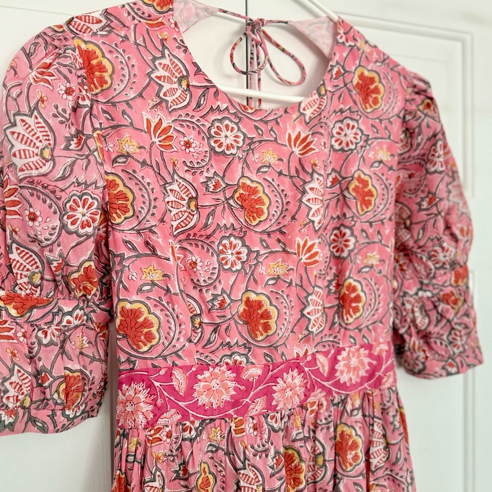 Pink Ruffled Tie Back Maxi Dress with Puff Sleeves Madison Mathews